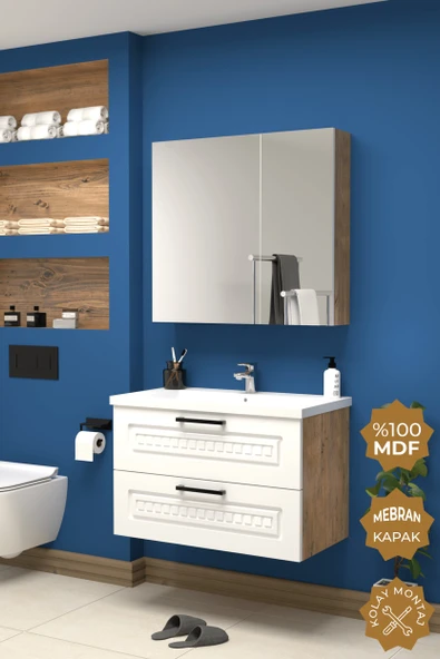 Teta Home Floransa 80 cm MDF Gövde Membran Kapak Banyo Dolabı Seti  Atlantik Çam- Beyaz ürün görseli 1