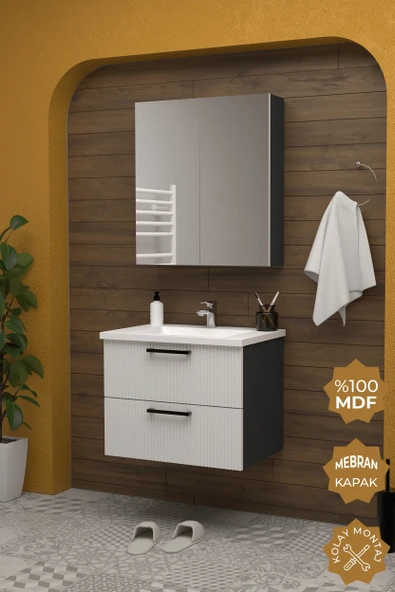 Teta Home Havana 65 cm MDF Gövde Membran Kapak Banyo Dolabı Seti  Antrasit-Beyaz ürün görseli 1