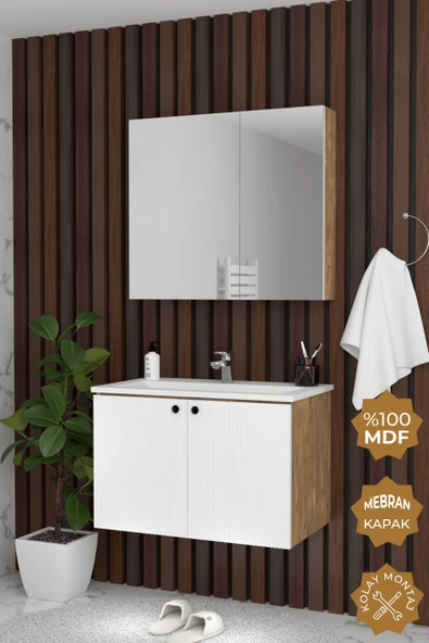 Teta Home Torino 65 cm MDF Gövde Membran Kapak Banyo Dolabı Seti  Atlantik Çam- Beyaz ürün görseli 1