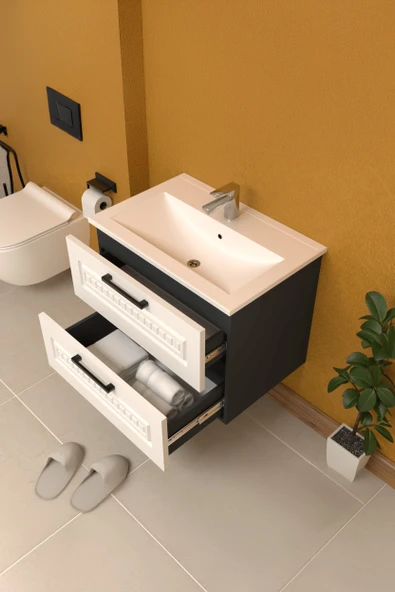 Teta Home Floransa 65 cm MDF Gövde Membran Kapak Banyo Dolabı Seti  Antrasit-Beyaz ürün görseli 1