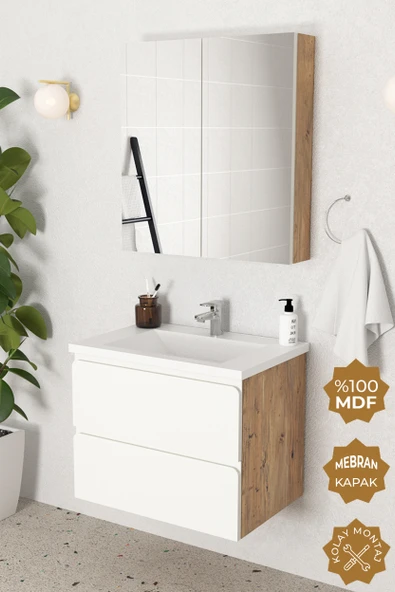 Teta Home Granada 65 cm MDF Gövde Membran Kapak Banyo Dolabı Seti  Atlantik Çam- Beyaz ürün görseli 1