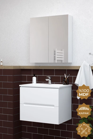 Teta Home Kopenhag 80 cm MDF Gövde Membran Kapak Banyo Dolabı Seti  Beyaz ürün görseli 1