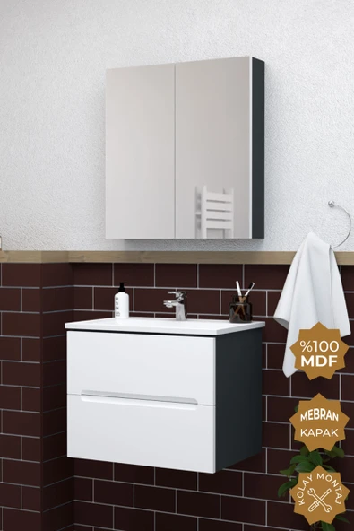 Teta Home Kopenhag 80 cm MDF Gövde Membran Kapak Banyo Dolabı Seti  Antrasit-Beyaz ürün görseli 1