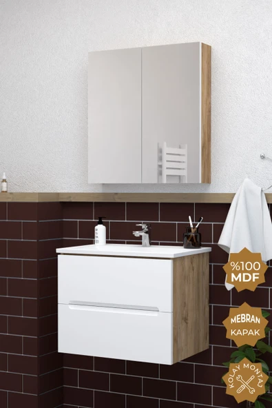 Teta Home Kopenhag 80 cm MDF Gövde Membran Kapak Banyo Dolabı Seti  Atlantik Çam-Beyaz ürün görseli 1