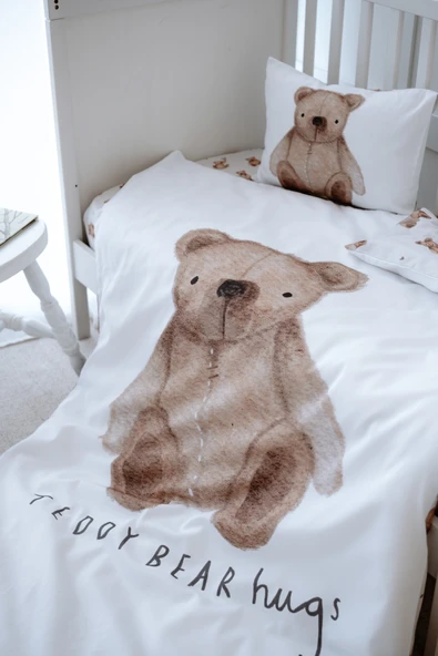 NOU Pofuduk Ayılı Organik Çarşaflı Bebek Nevresim Seti (100X150 - 35x45 - 70x130) -Fluffy Bear ürün görseli 1
