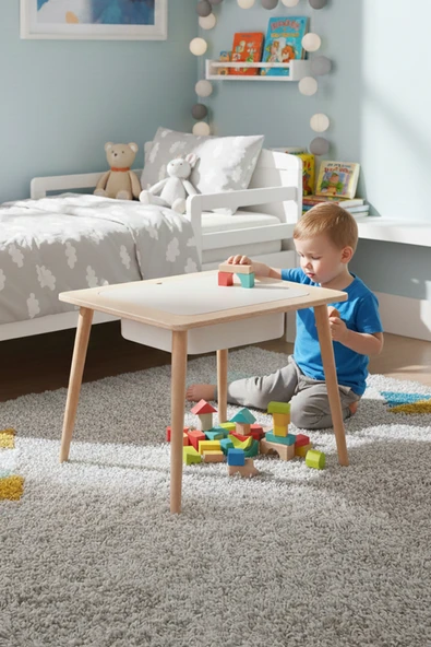 Montessori Çocuk Ahşap Oyun Etkinlik Çalışma Masası, Saklama Alanlı ürün görseli 1