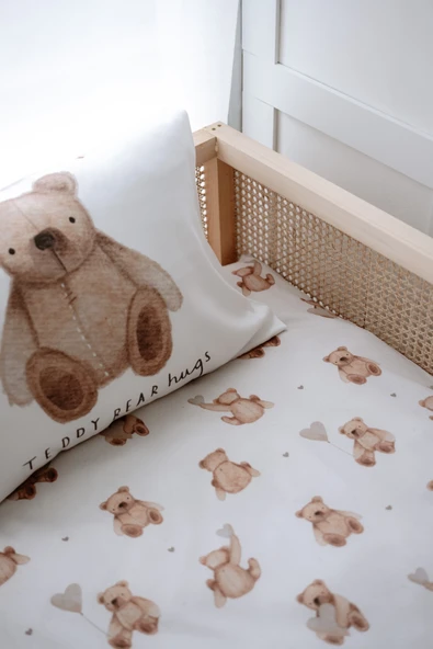 NOU Pofuduk Ayılı Çarşaflı Organik Montessori Nevresim Seti (100x200 - 50x70 -80x180+20) -Fluffy Bear ürün görseli 1