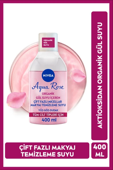 Aqua Rose Organik Gül Suyu İçeren Çift Fazlı Micellar Makyaj Temizleme Suyu 400 ml,Yüz,Göz,Dudak ürün görseli 1