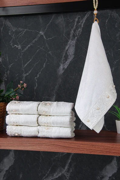 % 100 Pamuklu Kadife Güpürlü İnci Işlemeli 6 lı Çeyizlik El Yüz Havlu Seti - 30x50 cm - 04466 - Beyaz ürün görseli 1