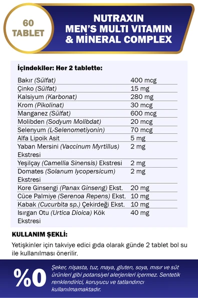 Nutraxin Multivitamin Mineral Complex Erkek 60 Tablet - Resim 4