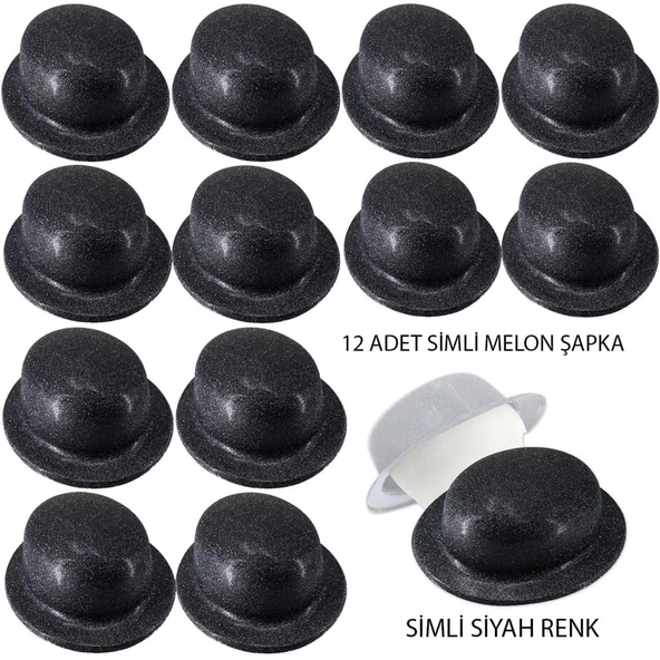 Siyah Renk Simli Melon Yuvarlak Parti Şapkası 12 Adet ürün görseli 1