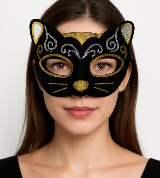 Kadife Dokulu Sim Detaylı Işıltılı Kedi Maskesi Altın Gümüş 20x13 cm ürün görseli 1