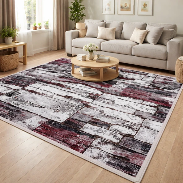 2Lİ Polo Life Savan 4m2 Pamuklu Lastiksiz Halı Örtüsü (170x245)-Taş Desen Bordo ürün görseli 1