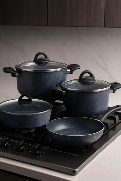 7 Parça Almeria Gri Granit Dik Tencere ve Tava Seti 20 cm 2.5L, 24 cm 4.5L, 26 cm 3L, 26 cm Tava ürün görseli 1
