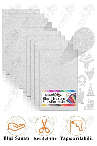 Gümüş Gri Simli Karton A4 20x30 cm 10 lu 1 Paket Simli Fon Kartonu Parıltılı Kağıt Anasınıfı Kreş Etkinlik Proje ürün görseli 1