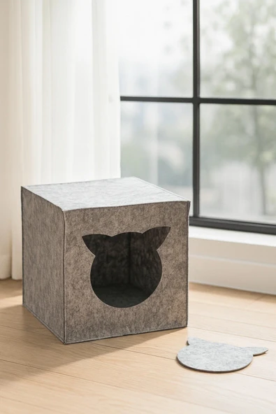 Gri Keçe Kedi Yuvası Dekoratif Mama Kabı Altlığı Hediyeli Organizer Düzenleyici Katlanabilir ürün görseli 1