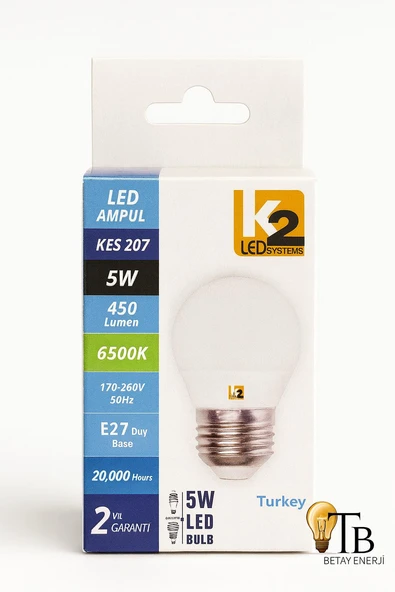 K2 LED KES 207 5W LED Ampul 450 Lümen 6500K Beyaz Işık E27 Duy 20.000 Saat Ömür ürün görseli 1
