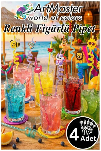 Figürlü Pipet 4 Adet Sevimli Renkli Kıvrımlı Pipet 26 cm Ev Dekoratif Kokteyl Yıkanabilir Emoji Çocuklar İçin ürün görseli 1