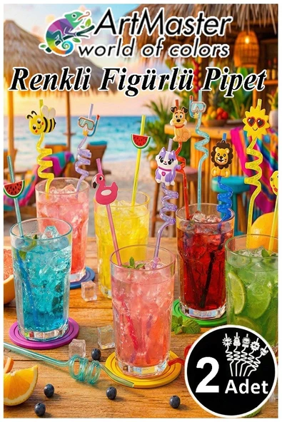 Figürlü Pipet 2 Adet Sevimli Renkli Kıvrımlı Pipet 26 cm Ev Dekoratif Kokteyl Yıkanabilir Emoji Çocuklar İçin ürün görseli 1