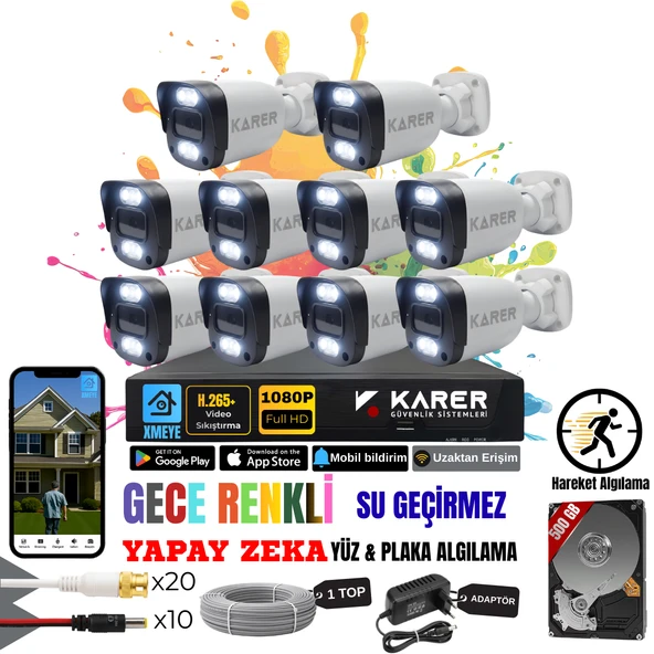 EXİTCAM 10 KAMERALI-RENKLİ GÖRÜŞ-SU GEÇİRMEZ-YÜZ ve ARAÇ TANIMALI-YAPAY ZEKA AYRICALIKLI GÜVENLİK SETİ ürün görseli 1