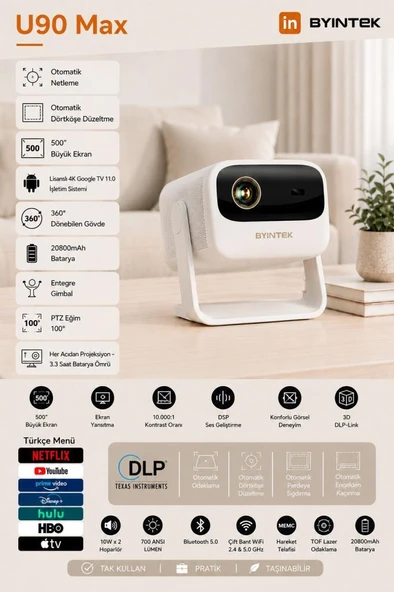 Byintek U90 DLP Full HD 1080P Taşınabilir Projeksiyon Cihazı, 700 ANSI Lümen, TOF Otomatik Odaklama, MEMC, 20800mAh Batarya, 20W Ses, Ev için Çift Bantlı Wi-Fi ürün görseli 1