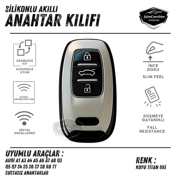 Audi A1 A3 A4 A5 A6 A7 A8 Q3 Q5 Q7 S4 S5 S6 S7 S8 R8 TT Quattro Uyumlu Silikon Anahtar Kılıfı Oto Anahtar Kabı Darbe Emici Anahtarlık Koyu Titan Gri ürün görseli 1