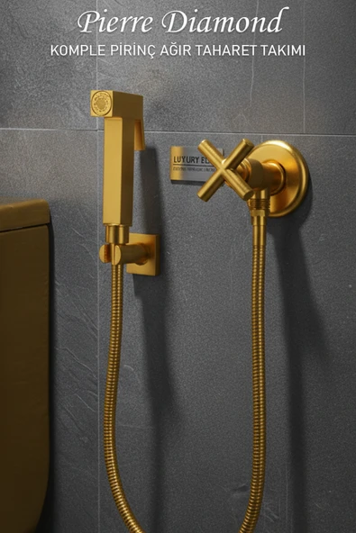 Taharet Takımı Pirinç Malzeme WC Taharet Matik ve Ara Musluğu Gold / Altın Renk ürün görseli 1