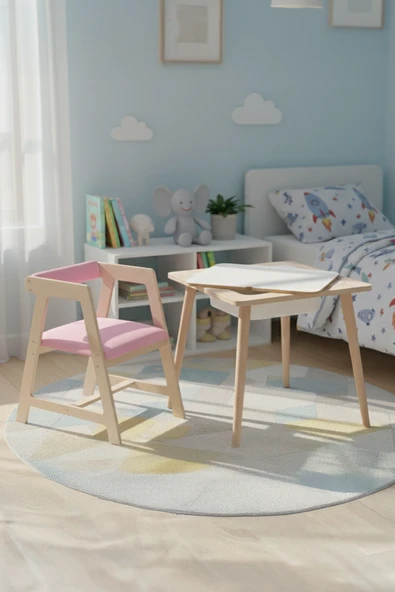 Montessori Çocuk Ahşap Oyun Etkinlik Çalışma Masası,Saklama Alanlı, Pembe Sandalye ürün görseli 1