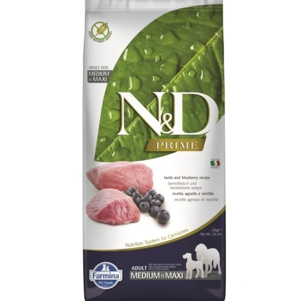 N&D Prime Adult Tahılsız Kuzu Etli Ve Yaban Mersinli Orta ve Büyük Yetişkin Köpek Maması 12 Kg ürün görseli 1