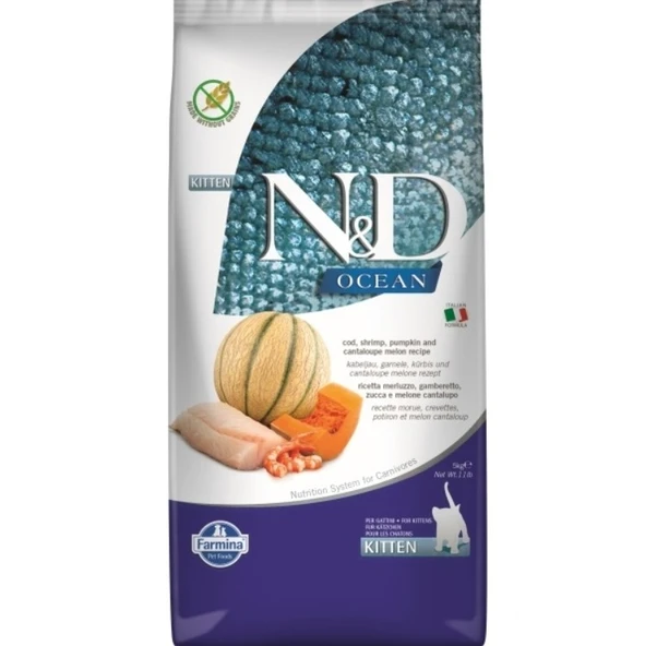 N&D Ocean Kitten Morina Balıklı Karidesli ve Kavunlu Tahılsız Yavru Kedi Maması 5 Kg ürün görseli 1