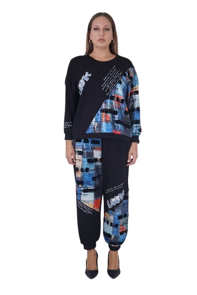 Büyük Beden Payetli Yazılı Bluz Pantalon Alt Üst ikili Viskon Takım ürün görseli 1