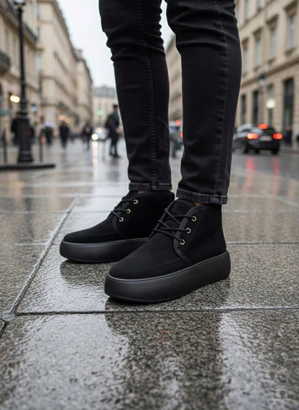 Bağcıklı İçi Kürklü Erkek Sneaker Bot SİYAH SÜET (SİYAH TABAN) ürün görseli 1