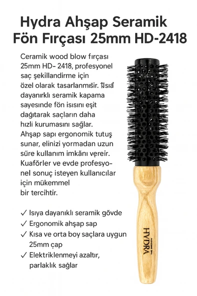 HYDRA HYDRA Ahşap Saplı Seramik Fön Fırçası 25mm HD-2418 – Profesyonel Saç Şekillendirme Fırçası ürün görseli 1