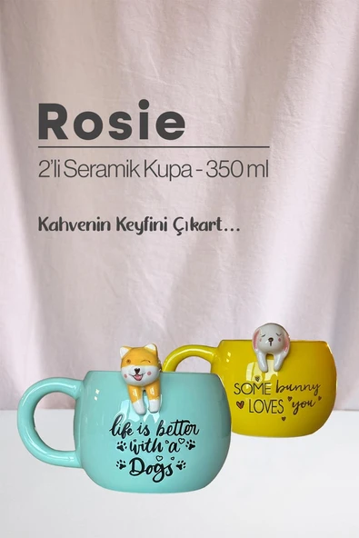 Köpek ve Tavşan Figürlü Seramik Kupa 350 ml ürün görseli 1