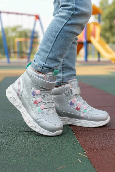Gümüş Işıklı Cırtlı Kız Çocuk Sneaker Bot - Resim 3