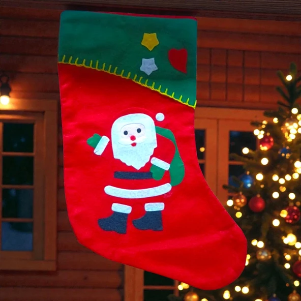 NOEL BABA ÇORABI KIRMIZI NOEL ÇORABI NOEL BABA FİGÜRLÜ ÇORAP YILBAŞI SÜSLERİ YILBAŞI DEKORLARI 44 CM ürün görseli 1