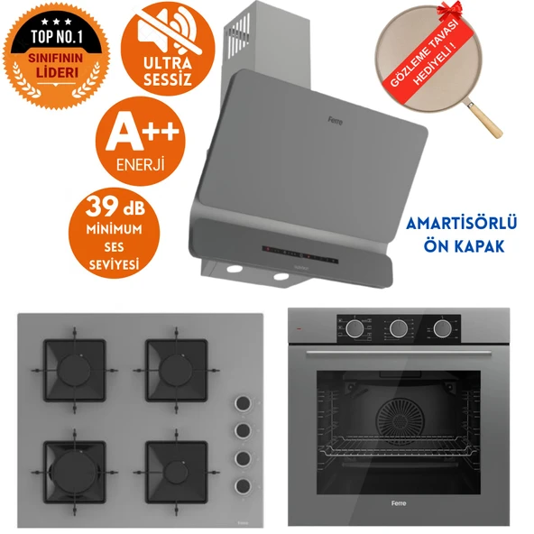 Ferre FryArt&SilentArt GREY /Sessiz Yeni Seri Antrasit Gri Ankastre Set (D082-SA + QXE62CPR +SS208) ürün görseli 1
