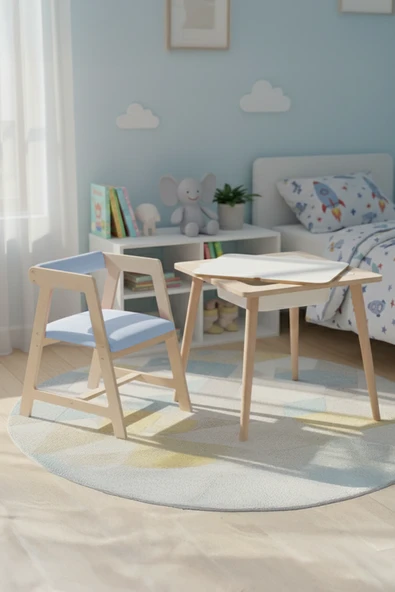 Montessori Çocuk Ahşap Oyun Etkinlik Çalışma Masası,Saklama Alanlı,Mavi Sandalye ürün görseli 1
