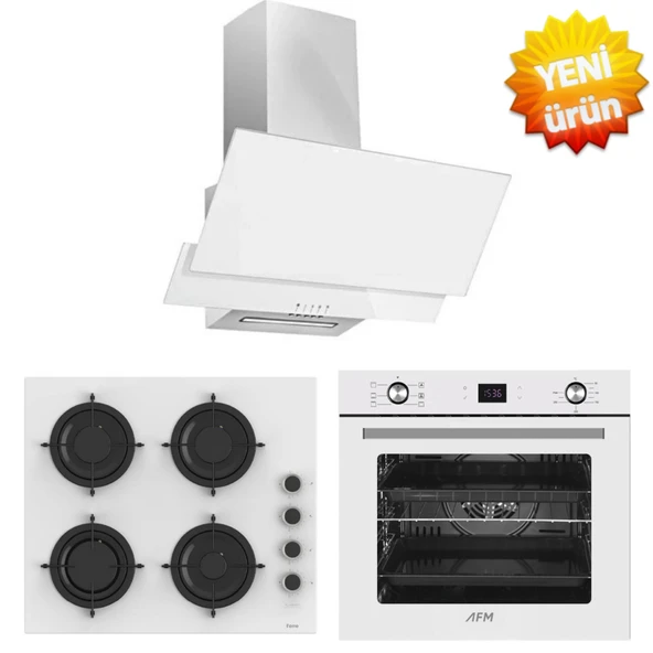 Ferre ve AFM Tech Markalı  / Fiero Beyaz Cam Turbolu Ankastre Set ( CS206-FA  + FM23301 + FM7701 ) ürün görseli 1