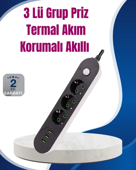 3 USB Çıkışlı Hızlı Şarjlı Anahtarlı Üçlü Priz ürün görseli 1