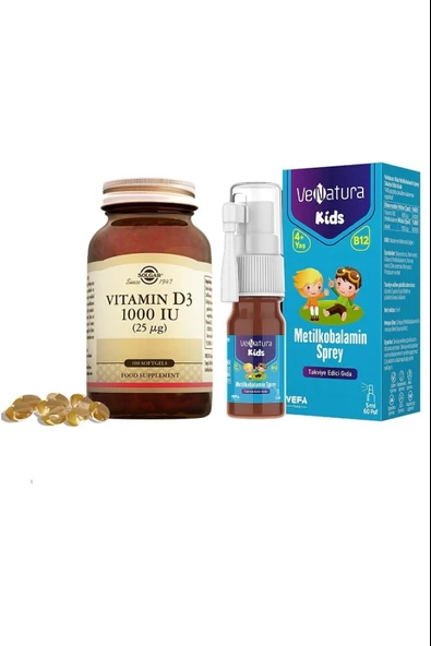 Solgar Vitamin D3 1000ıu 100 Kapsül +Venatura Kids B12 Metilkobalamin 5 ml ürün görseli 1