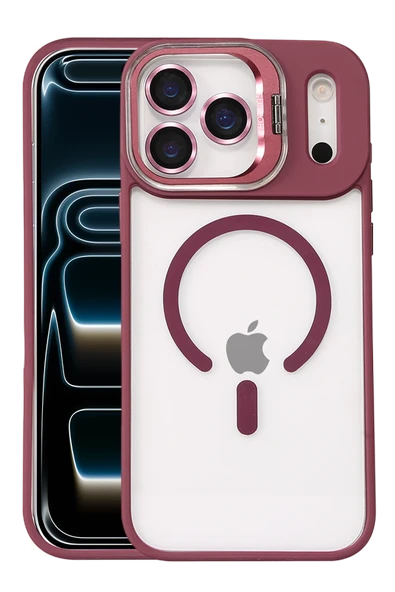 Fuchsia iPhone 17 Pro Max ile Uyumlu Remim Lensli Kablosuz Şarj Özellikli Standlı Kapak - Bordo ürün görseli 1