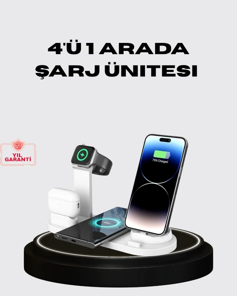 Apple Uyumlu Kablosuz Şarj İstasyonu 4 Cihaz Destekli ve Hızlı Şarjlı ürün görseli 1