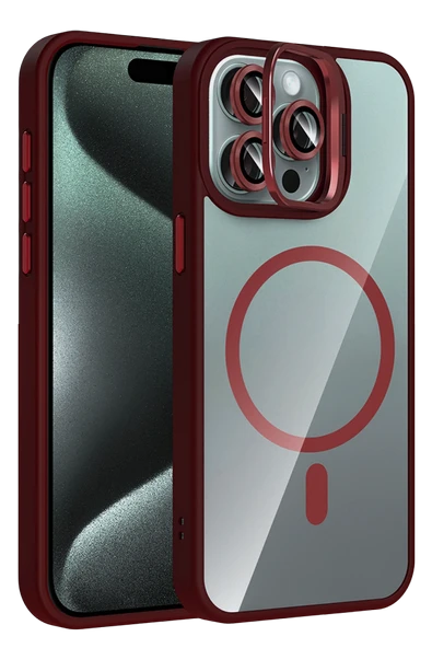 Fuchsia iPhone 14 Pro Max ile Uyumlu Remim Lensli Kablosuz Şarj Özellikli Standlı Kapak - Bordo ürün görseli 1