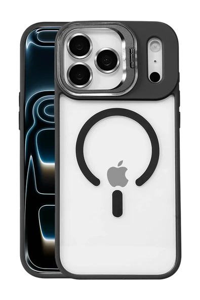 Fuchsia iPhone 17 Pro Max ile Uyumlu Remim Lensli Kablosuz Şarj Özellikli Standlı Kapak - Siyah ürün görseli 1