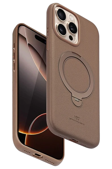 Fuchsia iPhone 15 Pro Max ile Uyumlu Vapor Deri Kablosuz Şarj Özellikli Standlı Kılıf - Gold ürün görseli 1