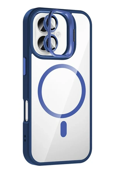 Fuchsia iPhone 16 Plus ile Uyumlu Remim Lensli Kablosuz Şarj Özellikli Standlı Kapak - Lacivert ürün görseli 1