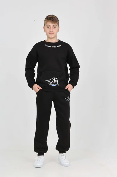 Toontoy Erkek Çocuk  2li Takım Relax Fit Bisiklet Yaka Cepli  Baskılı Sweatshirt- Beli Paçası Lastikli Eşofman Altı - Şardonlu 24851 ürün görseli 1
