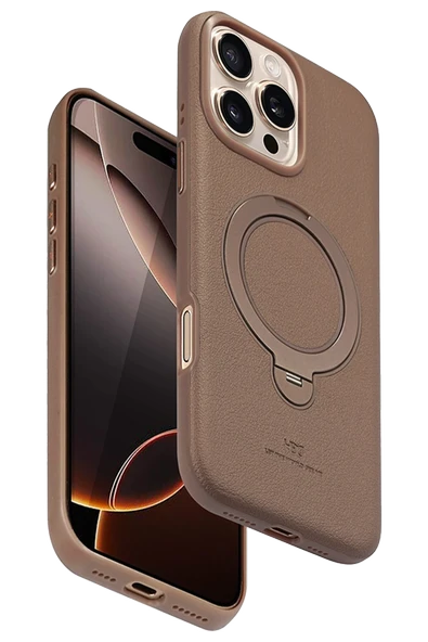 Fuchsia iPhone 16 Pro Max ile Uyumlu Vapor Deri Kablosuz Şarj Özellikli Standlı Kılıf - Gold ürün görseli 1