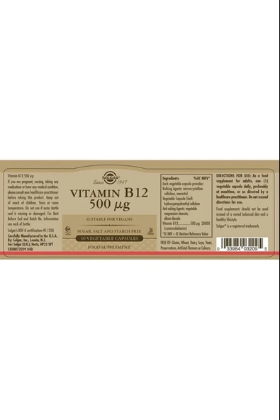 Solgar Vitamin B12 500 mcg 50 Kapsül - Resim 2